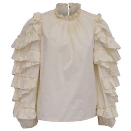 Ulla Johnson Pippa Ruffled Sleeve Blouse in Ivory Cotton  White Cream
