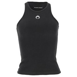 Top de alças em malha canelada com estampado de logo Marine Serre em algodão preto Preto
