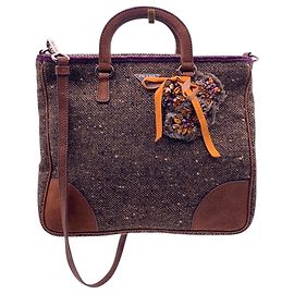 Prada Bolsa Tote 2Way transversal em tweed castanho e camurça com cristais Marrom