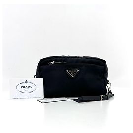 Prada Triangle Logo Nylon Pouch Clutch Black Black