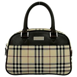 Sac Boston Burberry en toile et cuir beige et marron Marron Beige