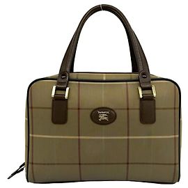 Burberrys Shadow Horse Nova Check Canvas Leather Handbag Brown Khaki