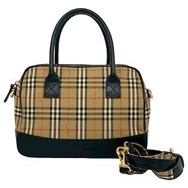 Mini Bolsa de Ombro Burberry Nova Check em Lona e Couro Preto Bege