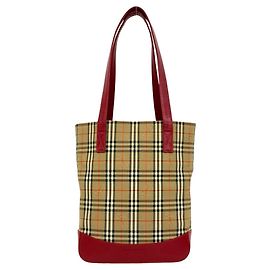 Saco Tote Burberry Nova Check Shadow Horse em lona e couro Vermelho Bege