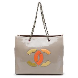 Chanel Brown CC Patent Lipstick Ligne Tote Brown Taupe