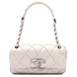Chanel White CC Double Stitch Lambskin Single Flap Blanc Écru