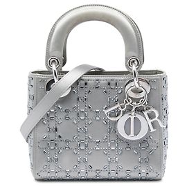 Autre Marque Mini Lady Dior em cetim cinza com cannage e cristais Dior Marrom