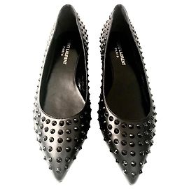 Autre Marque Saint Laurent Studded Black Leather Ballet Flats Black