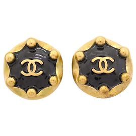 Boucles d'oreilles clips Chanel noires et dorées Noir Doré