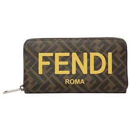 Fendi Zucca Round Zip Long Wallet Brown Yellow