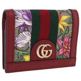 GUCCI Web Sherry Line Trifold Wallet PVC Red Gold 523155 Auth 203338M Red Golden