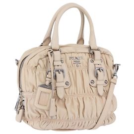 PRADA Gathered Hand Bag Leather 2way Ivory Silver Auth 203005V Silvery Cream