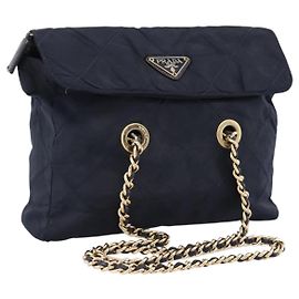 Bolsa de Ombro com Corrente PRADA Nylon Navy Tom Dourado Auth 201216 Outro Azul marinho