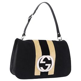 Bolso de Hombro GUCCI Interlocking G Terciopelo Negro Plata Auth 193808V Negro Plata