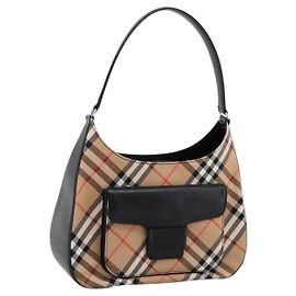 Burberrys Nova Check Shoulder Bag Canvas Beige Silver Auth 203137V Silvery Beige