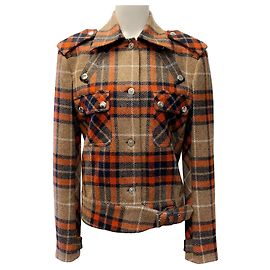 Barbara Bui Orange / Navy / Beige Wool Plaid Jacket with Belted Hem Orange