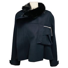 Sacai Navy Blue Wool Melton Blouson Jacket with Black Faux Fur Trim Navy blue