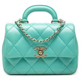 Bolsa Chanel Mini Quilted Shiny Lambskin Coco Trip Flap Satchel Azul Azul