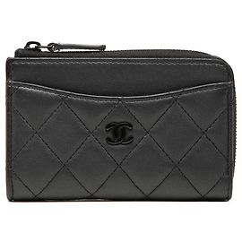 Black Chanel CC Quilted Pearly Lambskin So Black Zip Card Holder Black