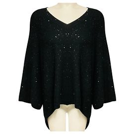 Pull High Low en maille de cachemire et soie à sequins noirs Brunello Cucinelli Noir