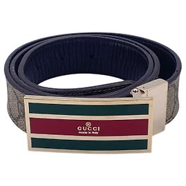 Gucci Cinto Reversível Beige GG Supreme em Couro com Faixa Web e Fivela Esmaltada Bege