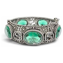 Bracelete Rígido GUCCI Interlocking G Flower Cat Head Green Stone Prata