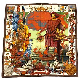 Hermès Hermes Les Ameriques Colombvs Seidentuch Braun Mehrfarben