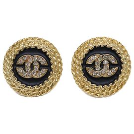Chanel Coco Mark Rhinestone Earrings Black Golden