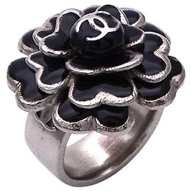Chanel Camellia Design Women's Ring Black Silvery