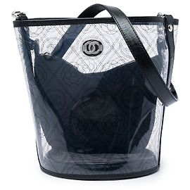 Borsa a secchiello Chanel Camellia Coco in PVC nero e vitello stropicciato, dimensione Medium Nero