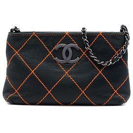 Pochette Chanel Black CC Lambskin Wild Stitch Chain Noir