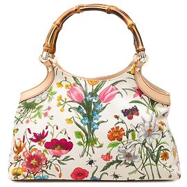 Gucci White Flora Canvas Bamboo Handbag White