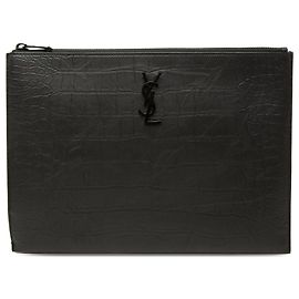 Autre Marque Saint Laurent Black Croc Embossed Leather Monogram iPad Case Black