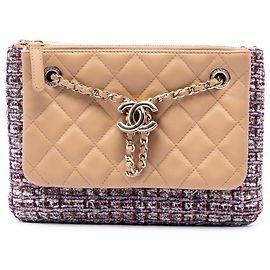 Doppio astuccio Chanel in tweed e pelle d'agnello matelassé marrone con catena Marrone Marrone chiaro