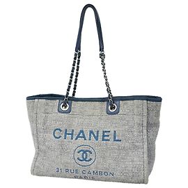 Chanel Deauville Tweed Chain Tote Bag Navy blue