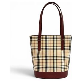Burberry Vintage Logo Nova Check Pattern Leather Tote Bag Beige Dark red