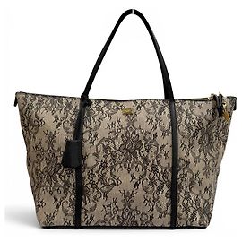 Dolce & Gabbana Lace Print Leather Tote Bag Black Beige