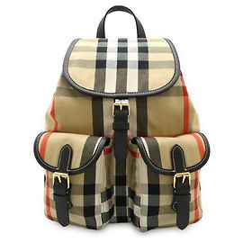 Burberry House Check Canvas and Leather Backpack Red Beige Dark brown