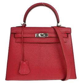 Hermès Hermes Kelly Red Chevre de Coromandel with Palladium Hardware 25 Rosa