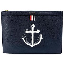 Porte-documents zippé Thom Browne en cuir avec appliqué Bleu Marine