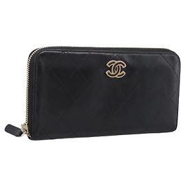 CHANEL Bicolore Long Wallet Leather Black Gold Tone CC Auth 203085 Black Other