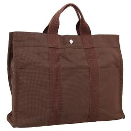 Hermès HERMES Her Line Tote MM Tote Bag Canvas Brown Silver Auth 203788 Marrone Argento