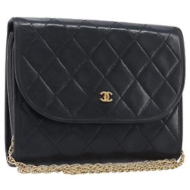 Bolsa de ombro CHANEL Matelasse com corrente em pele de cordeiro preta e dourada CC Auth 200579V Preto Dourado