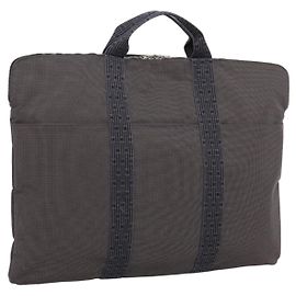 Hermès HERMES Her Line Porte Documents Hand Bag Canvas Gray Silver Auth 202855A Brown Silvery