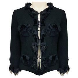 Moschino schwarze Tweedjacke aus Wolle mit Mesh-Tüll-Besatz und Samtschleifen Schwarz