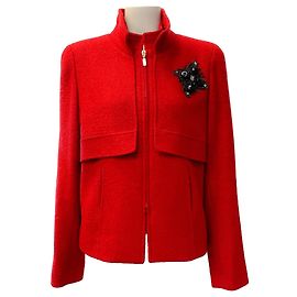 Oscar de la Renta rote Wolle-Bouclé-Jacke mit Brosche Rot