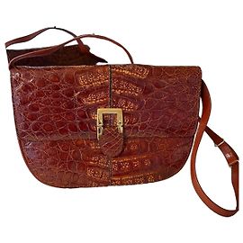 Autre Marque Bolsa de Ombro Vintage em Couro de Crocodilo Castanho Acaju Marrom