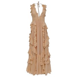 Ulla Johnson Florella Ruffled Silk-Chiffon Gown in Peach Silk Peach