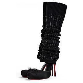 Christian Louboutin Black Satin Stiletto Boots with Sequined Tights Black