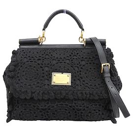Dolce & Gabbana Black Sicily Cutwork Lace Leather Handbag Black